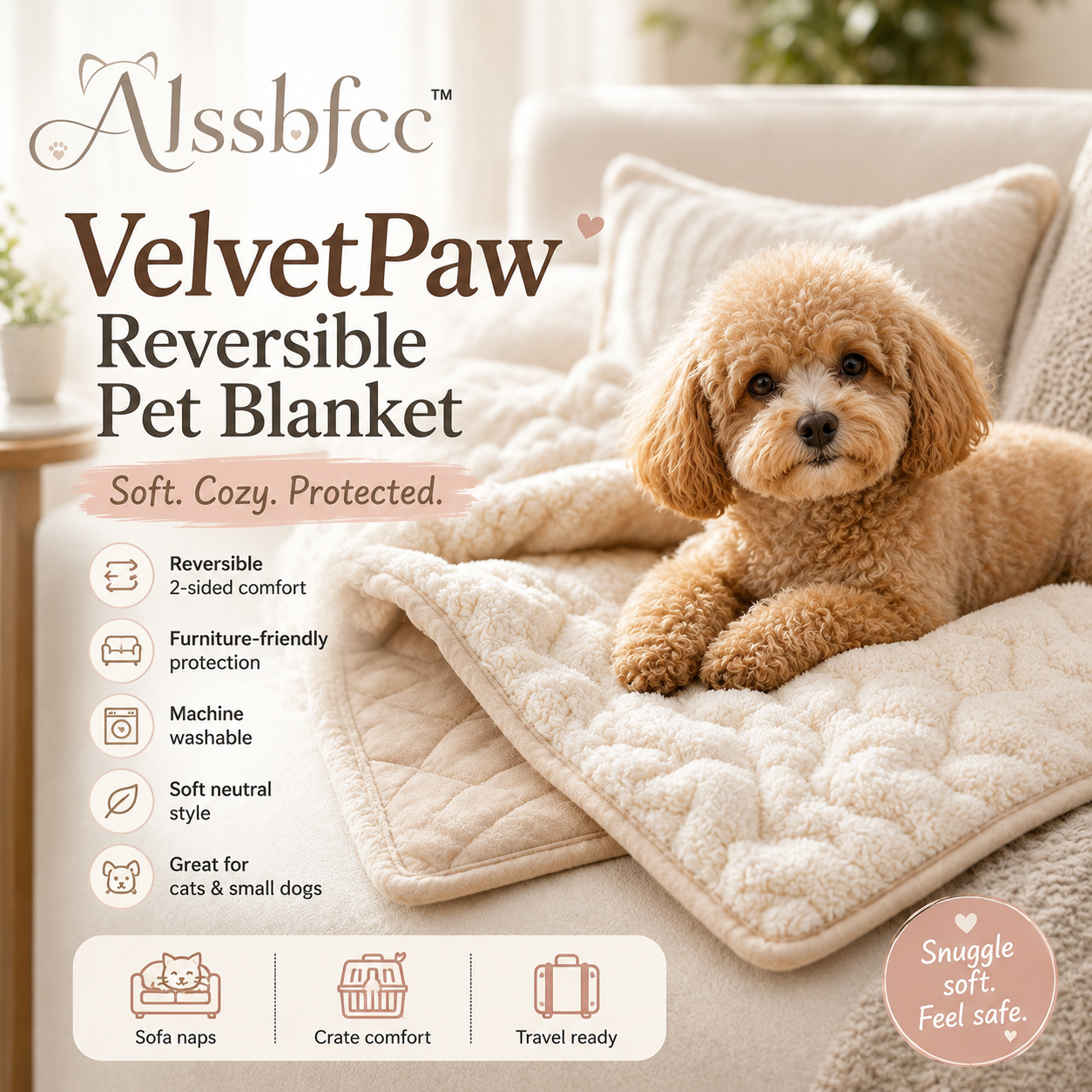 Alssbfcc™ VelvetPaw Reversible Sofa & Crate Pet Blanket