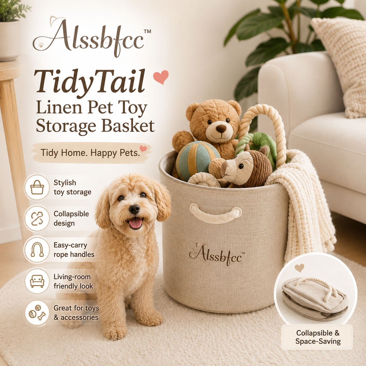 Alssbfcc™ TidyTail Linen Pet Toy Storage Basket