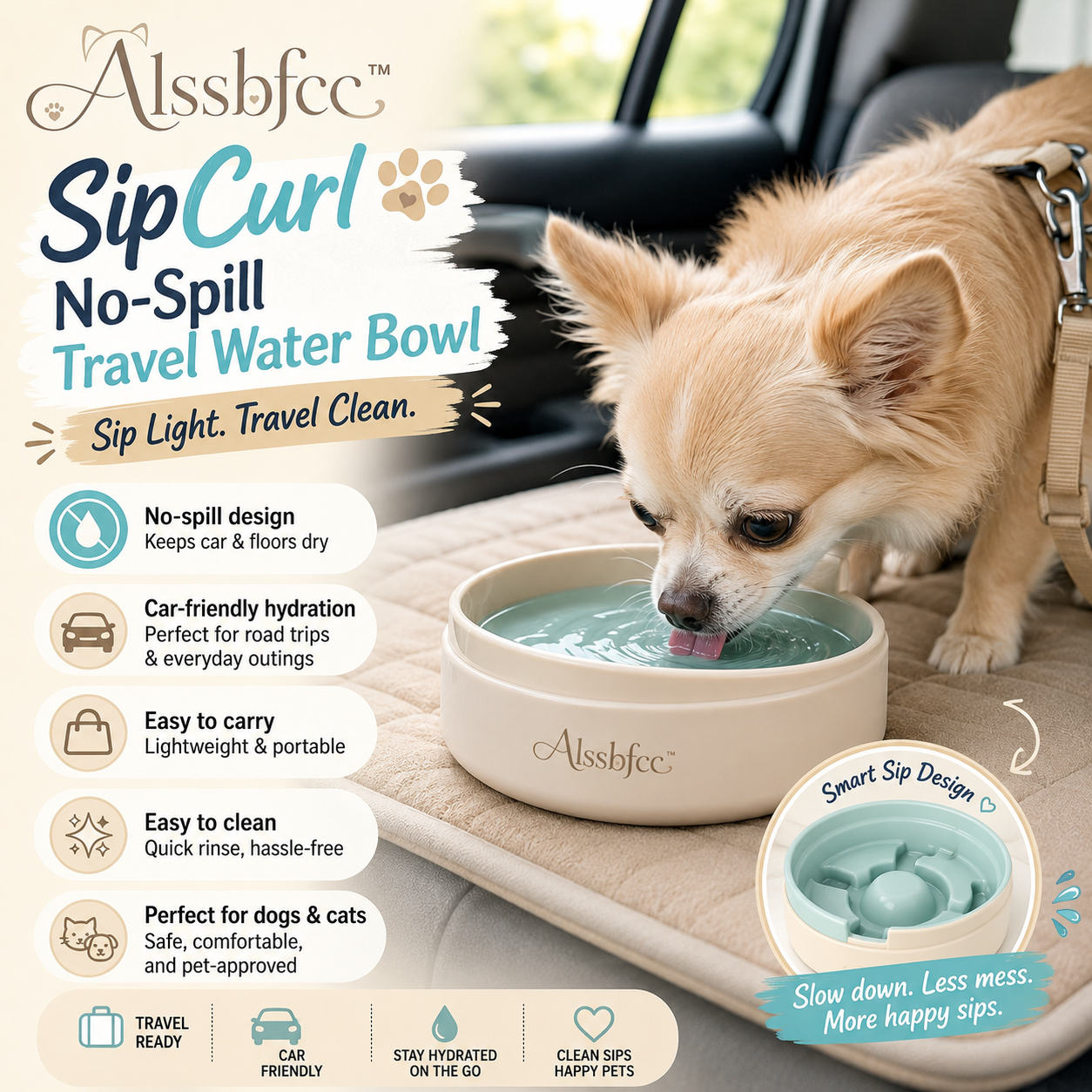 Alssbfcc™ SipCurl No-Spill Travel Water Bowl